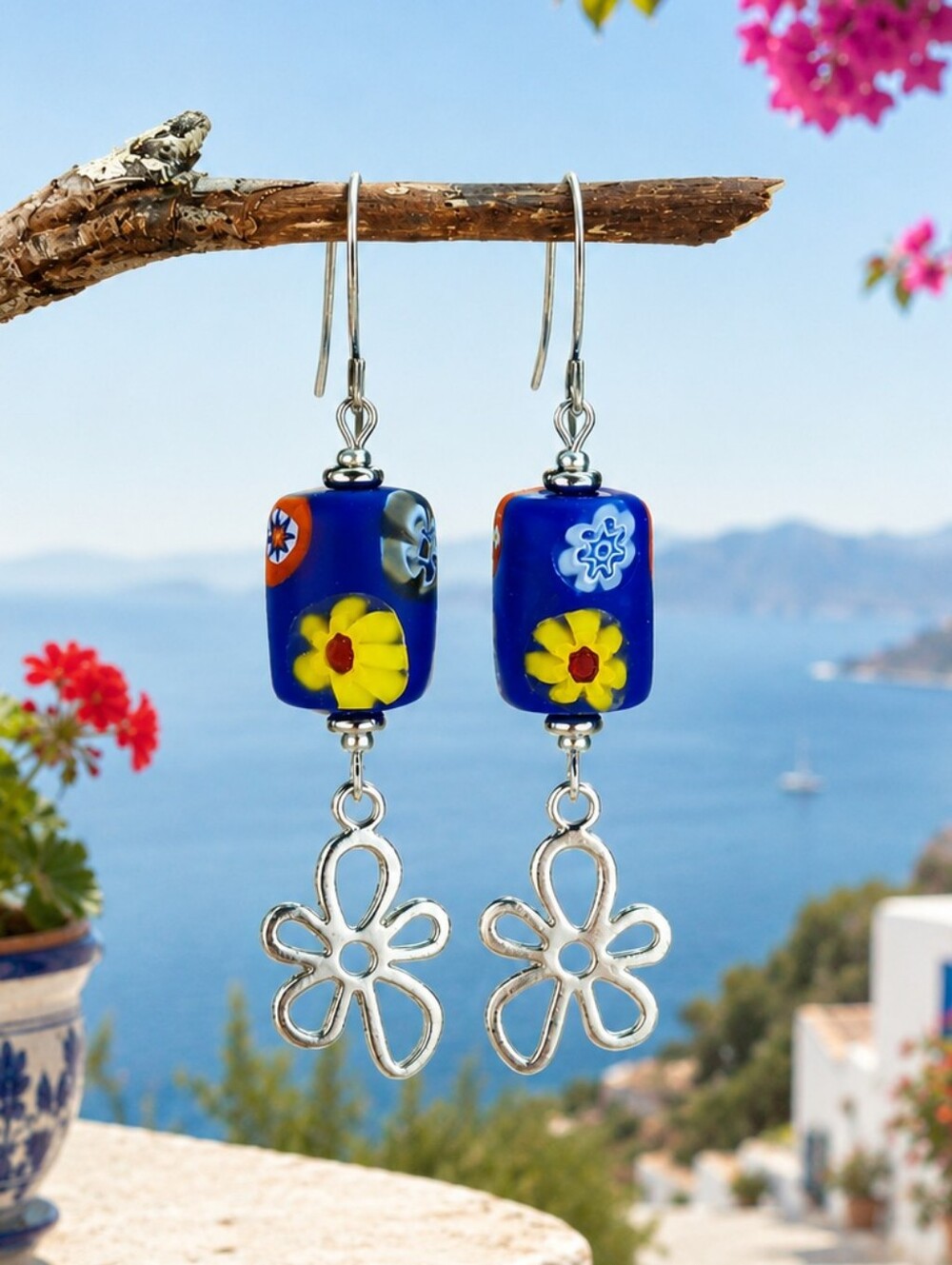 Millefiori Glass Flower Earrings Colorful Artisan Floral Dangles Hand Crafted